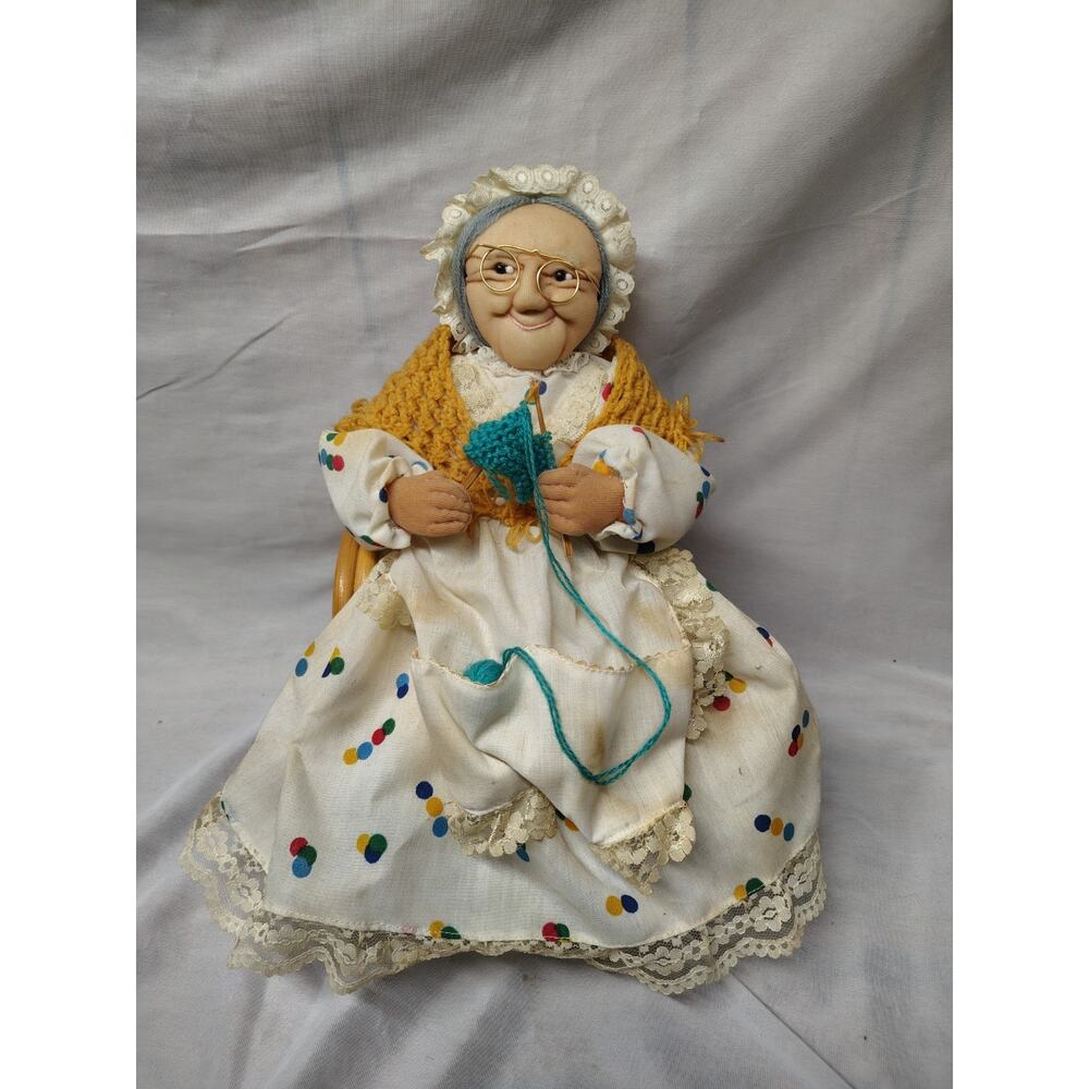 Vintage Cloth Granny Doll Knitting Figurine Soft Sculpture Bonnet Rocking Chair